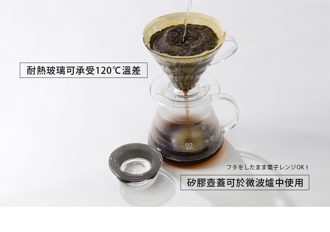 透明玻璃咖啡壺，上方有咖啡濾杯，濾杯中有咖啡粉和滴落的咖啡液。壺身有刻度線，旁邊放著一個灰色蓋子。