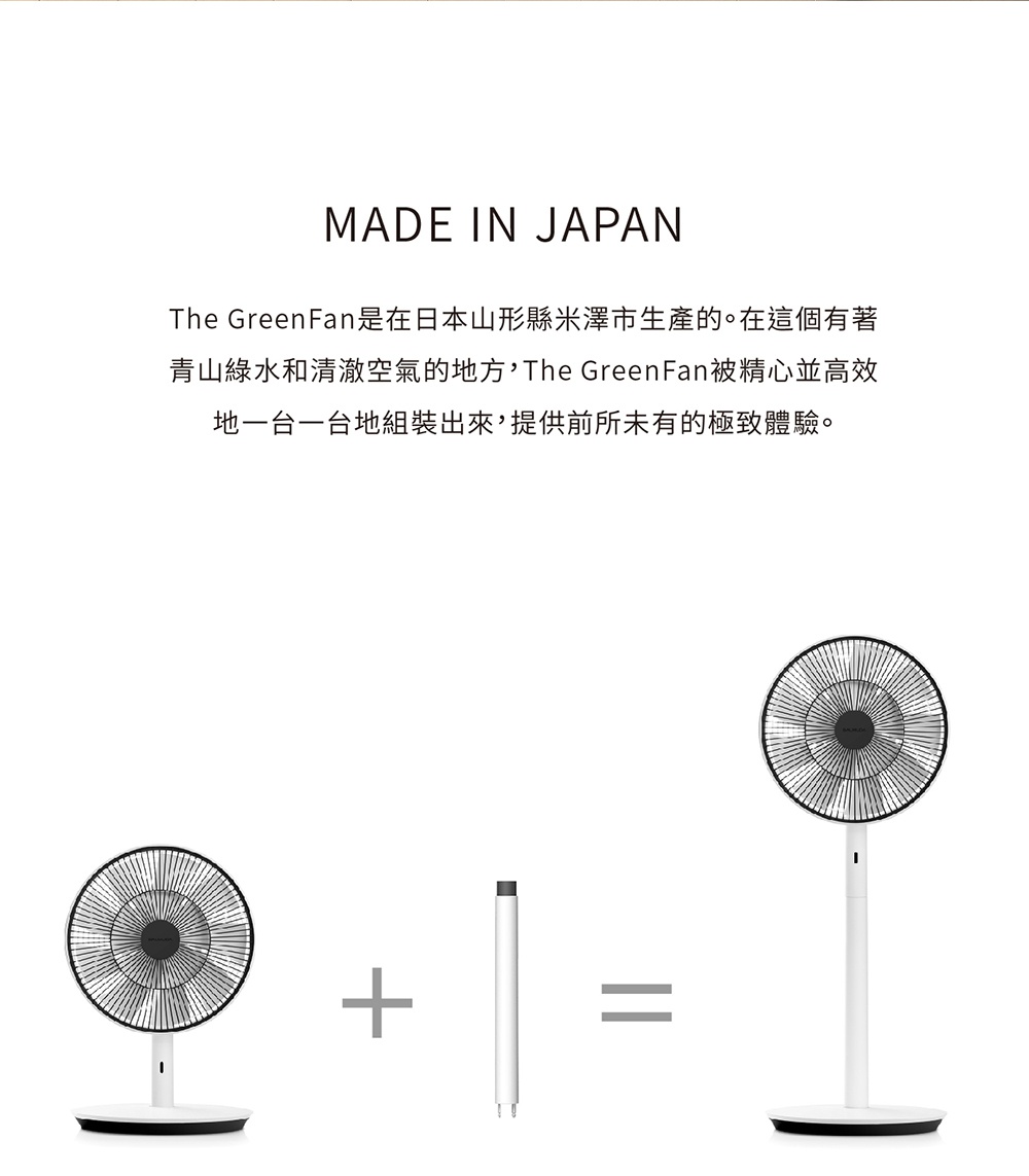 The GreenFan 風扇（白X金 限量色），展示桌上型風扇、連接管及落地型風扇的組合過程。