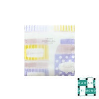 七層紗拭巾禮盒，以柔和的粉紫、黃、白、淡藍色塊拼接，部分區域帶有條紋或圓點圖案，質地輕柔。