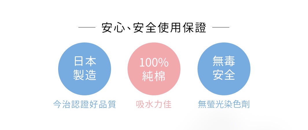 安心安全使用保證
日本製造 今治認證好品質
100%純棉 吸水力佳
無毒安全 無螢光染色劑