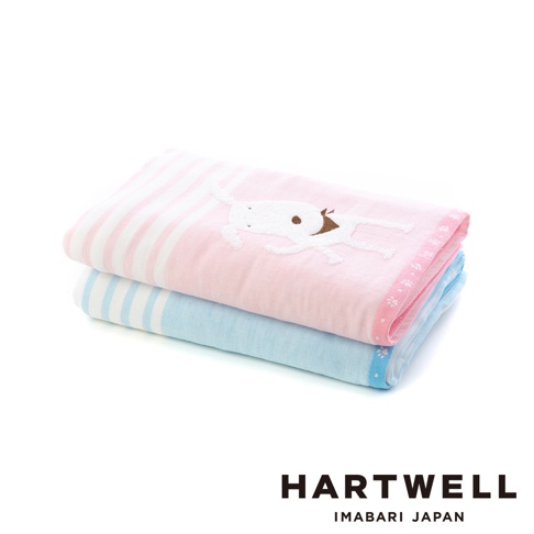 兩條今治純棉紗布毛巾，一條為粉紅色條紋，繡有白色小狗圖案；另一條為淺藍色條紋，搭配可愛的腳印圖案。