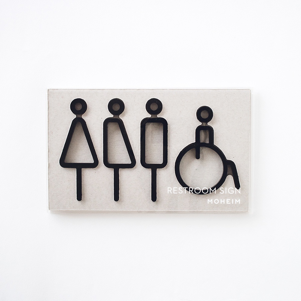 四件式廁所標示牌，包含女性、男性、無性別及輪椅使用者圖示，皆為黑色簡約線條設計，固定於淺灰色紋理背板上。