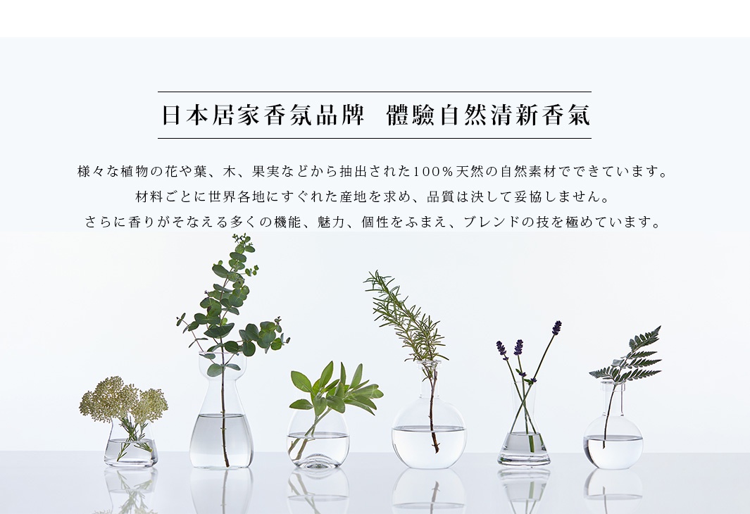 五個玻璃瓶中各插有不同植物，包括尤加利葉、迷迭香、薰衣草、鼠尾草和蕨類植物，背景為白色。