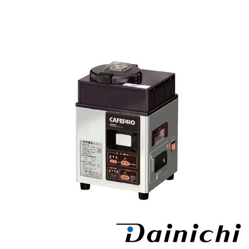 銀色與黑色機身、方形的生豆烘焙機 MR-120，頂部有深色透明蓋，機身正面有操作面板，顯示「CAFEPRO」品牌標誌及日文說明。