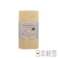 awamon 怪物級綿柔起泡親膚沐浴巾，淺黃色，網狀織紋，附有產品品牌與卡通圖案的包裝紙帶。