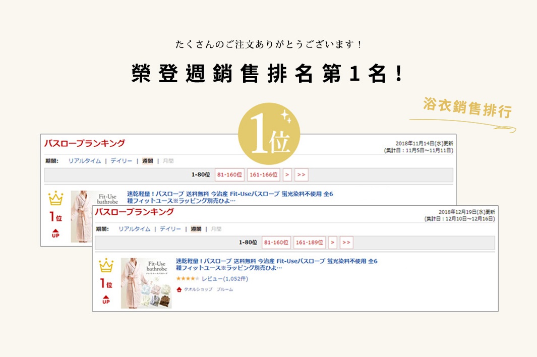 日式今治純棉浴袍，淺米色，附腰帶，展示於銷售排行榜第一名。