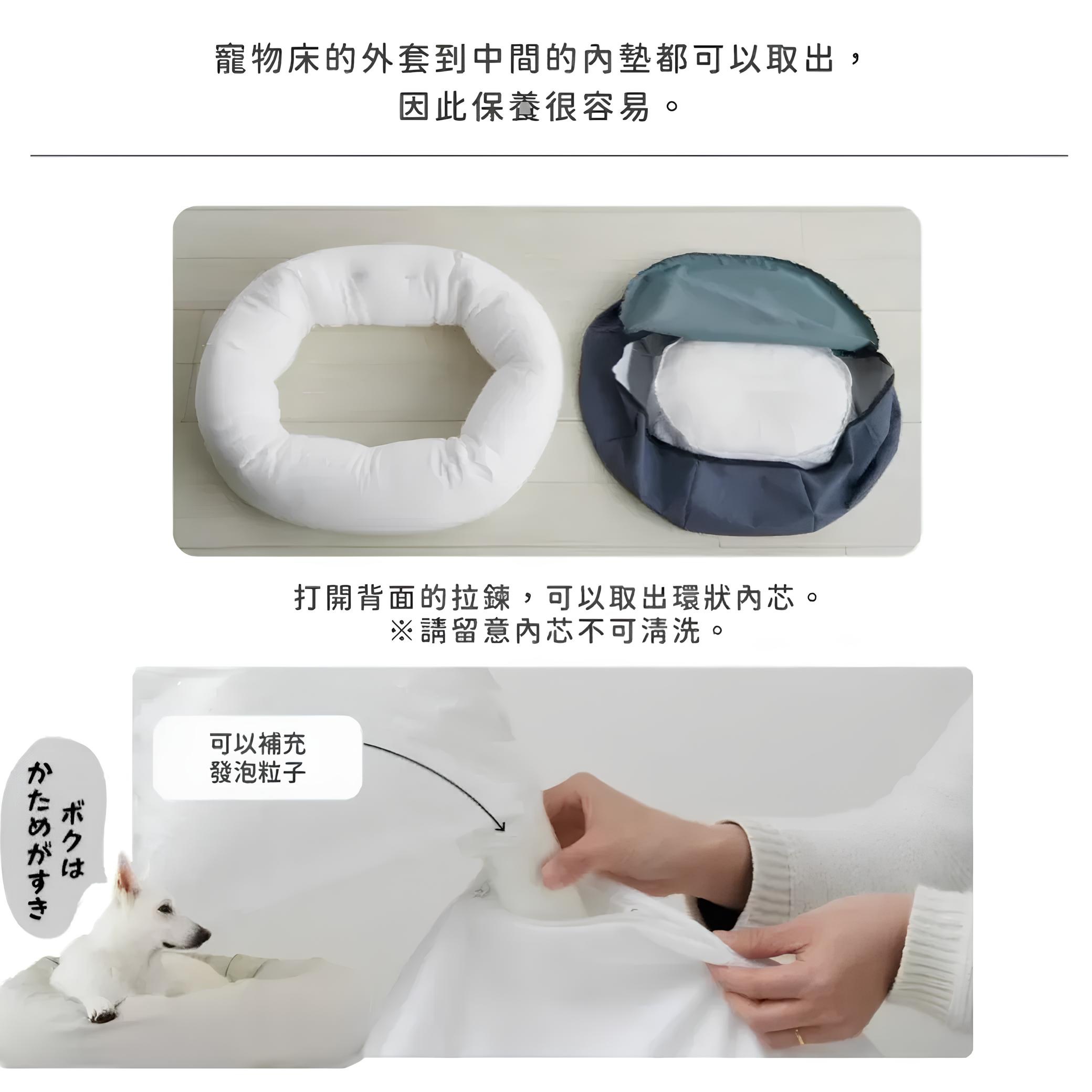 圖片文字：寵物床的外套到中間的內墊都可以取出，因此保養很容易。打開背面的拉鍊，可以取出環狀內芯。※請留意內芯不可清洗。可以補充發泡粒子。ボクはかためがすき。