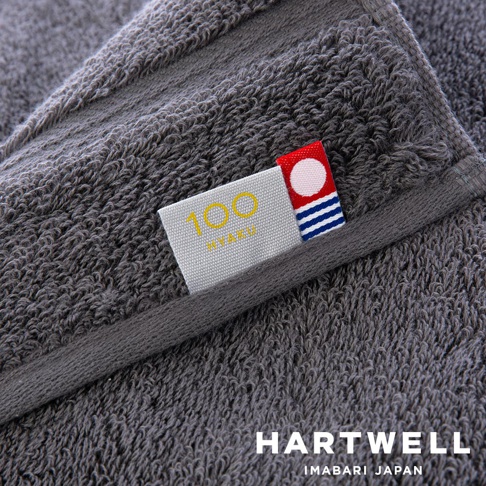 灰色毛巾特寫，展示有「100」字樣的標籤，以及帶有圓點和藍白條紋的紅色標籤。毛巾材質柔軟，織紋清晰可見。