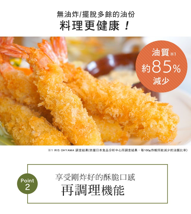 炸物酥脆金黃的炸蝦，搭配文案強調無油炸料理更健康，並標示油質減少約85%。