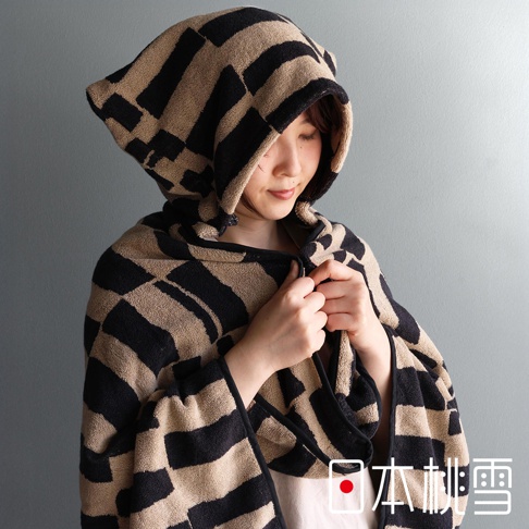 日本桃雪品牌今治戶外格紋棉柔2WAY連帽浴巾