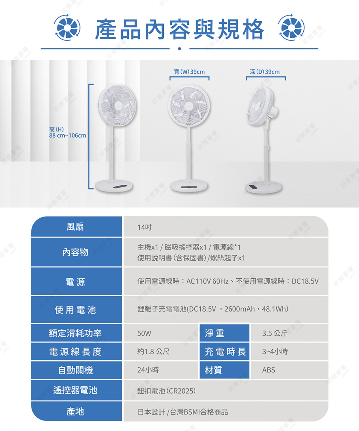 圖片文字：產品內容與規格，圖片展示一款白色的14吋DC變頻無線遙控電風扇，高88至106公分，寬深皆為39公分。規格包含主機、磁吸遙控器、電源線、說明書及螺絲起子。電源規格為AC110V或DC18.5V，內建鋰電池2600mAh。消耗功率50W，淨重3.5公斤，充電時間3至4小時，電源線長約1.8公尺，具備24小時自動關機功能，材質為ABS，遙控器使用CR2025鈕扣電池，為日本設計且通過台灣BS