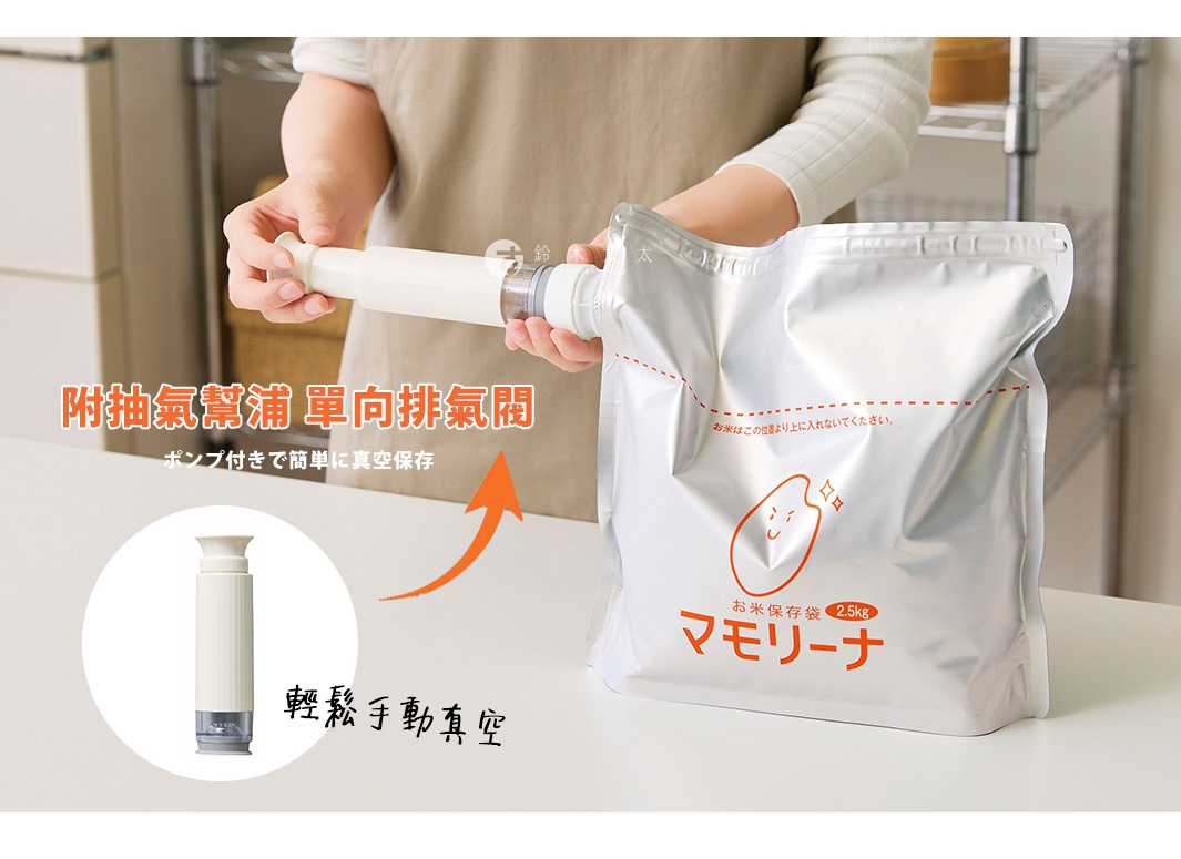 一位女性正在使用白色手動抽氣幫浦，對銀色真空米袋進行抽氣保鮮操作。畫面中包含產品特寫圓框，並標示有附抽氣幫浦與單向排氣閥的文字說明，呈現出輕鬆手動真空的產品功能。