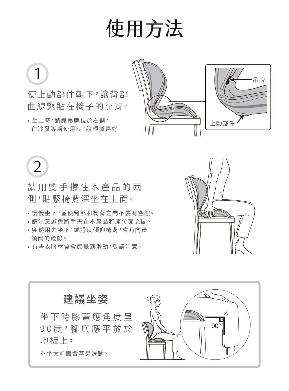 ELEGANT 美姿調整椅(高背款) 的使用說明圖，展示了如何將調整椅固定在椅子上，以及建議的坐姿，顯示膝蓋彎曲角度為 90 度。