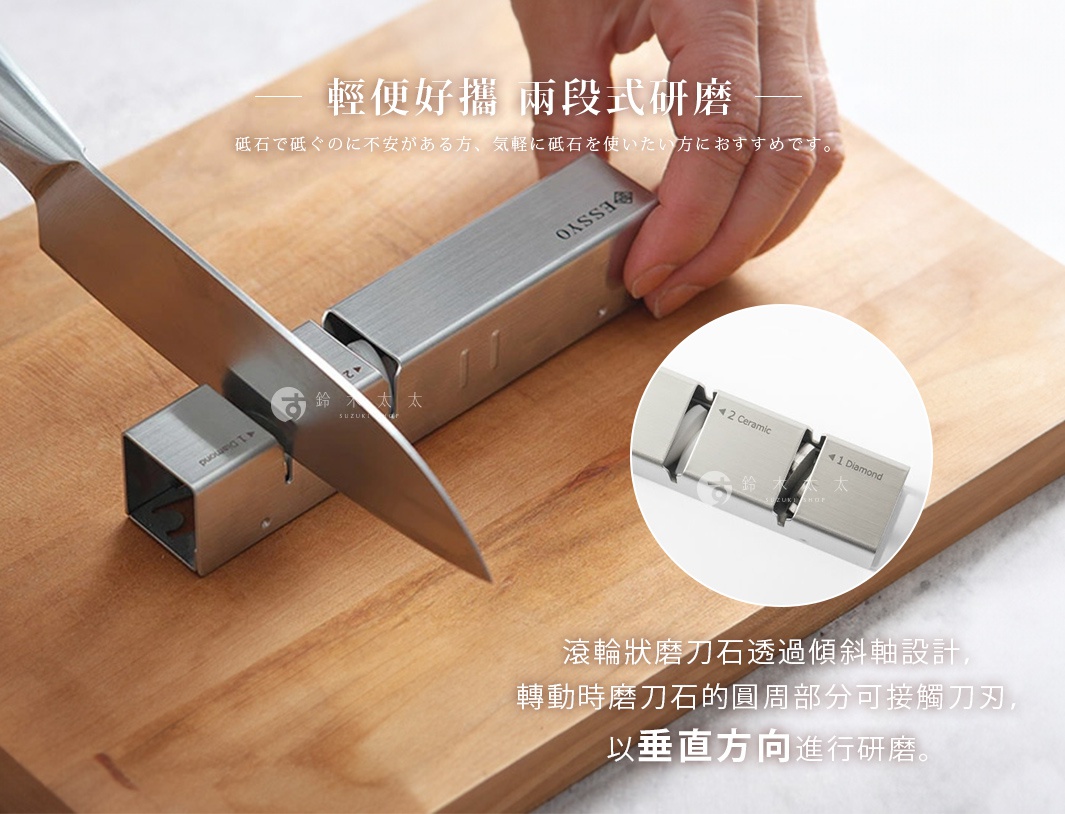 ESSYO越匠系列可拆式不鏽鋼雙滾輪磨刀器，銀色不鏽鋼材質，設有鑽石與陶瓷兩段式磨刀滾輪，刀刃與滾輪呈垂直角度。