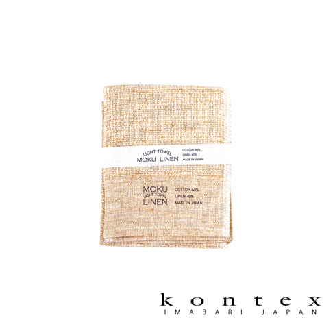 MOKU LINEN 輕薄速乾棉麻拭巾，淺棕色，由棉 60% 與麻 40% 製成，標籤註明「MADE IN JAPAN」。