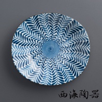 波佐見燒職人手繪系列五件式淺菜盤，圓形陶瓷盤，中央為藍色螺旋紋飾，向外放射狀延伸著藍色手繪葉片圖案，盤緣飾有細緻的藍色線條。