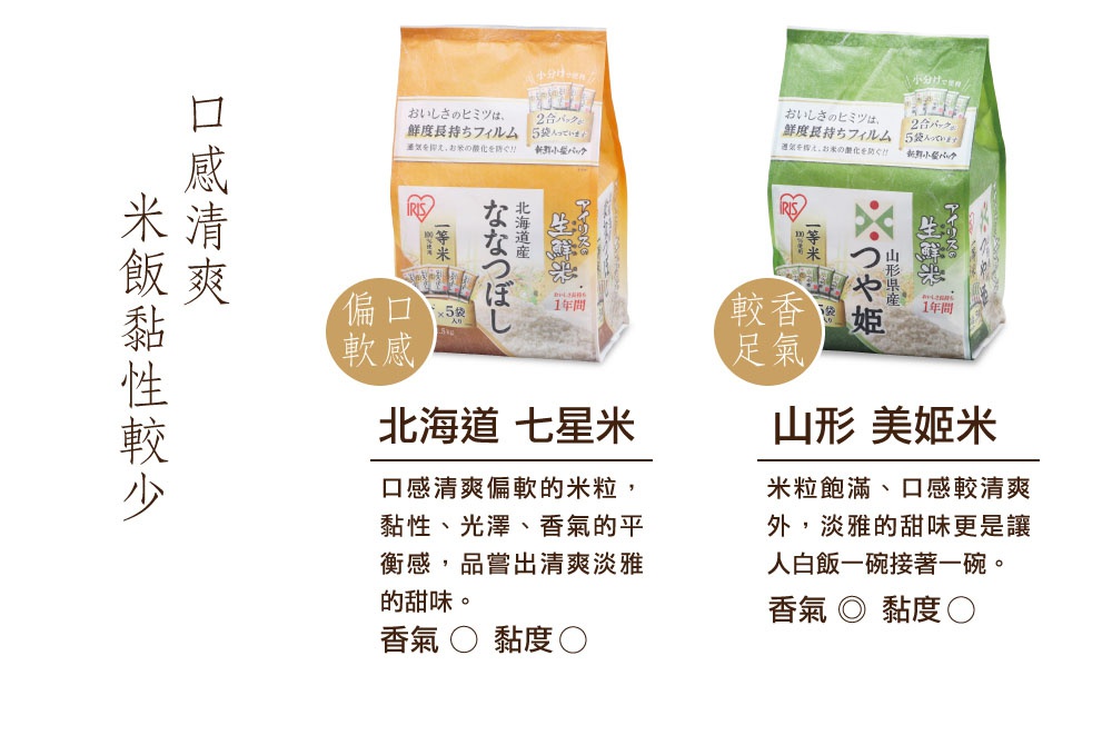 兩包不同顏色包裝的米，左邊為橙色包裝，右邊為綠色包裝。兩包包裝上皆印有日文及品牌標誌。