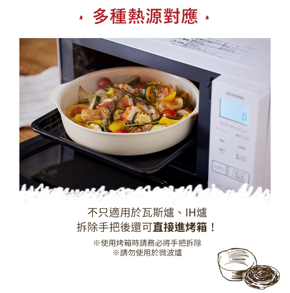 淺米色陶瓷不沾平底鍋內盛有雞肉、櫛瓜、黃甜椒和迷迭香，鍋子置於黑色烤盤上，烤盤置於打開的烤箱內部，鍋子兩側有可拆卸的白色把手。