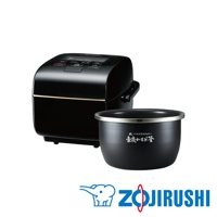 炎舞壓力IH電子鍋（NW-LAF10），黑色亮面機身搭配金色飾帶，配有印有日文「豪炎かまど炊き」字樣的黑色內鍋。