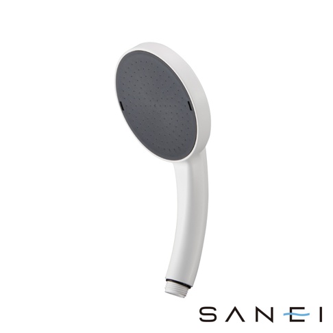 白色塑膠製超大花灑淋浴蓮蓬頭，設有圓形深灰色出水面板，帶有密集的出水孔。