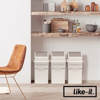 三個白色矮版搖蓋式垃圾桶，每個容量17公升，配有灰色頂蓋和金屬提把。