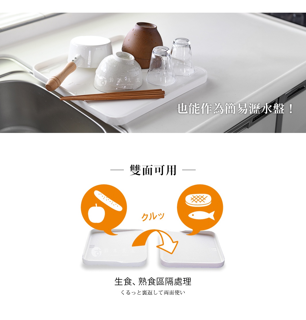 白色防溢大砧板，設有導水槽，可置於水槽旁作為簡易瀝水盤。上方展示有白色碗、木碗、玻璃杯及筷子。下方圖示說明砧板雙面可用，可分隔生食與熟食。