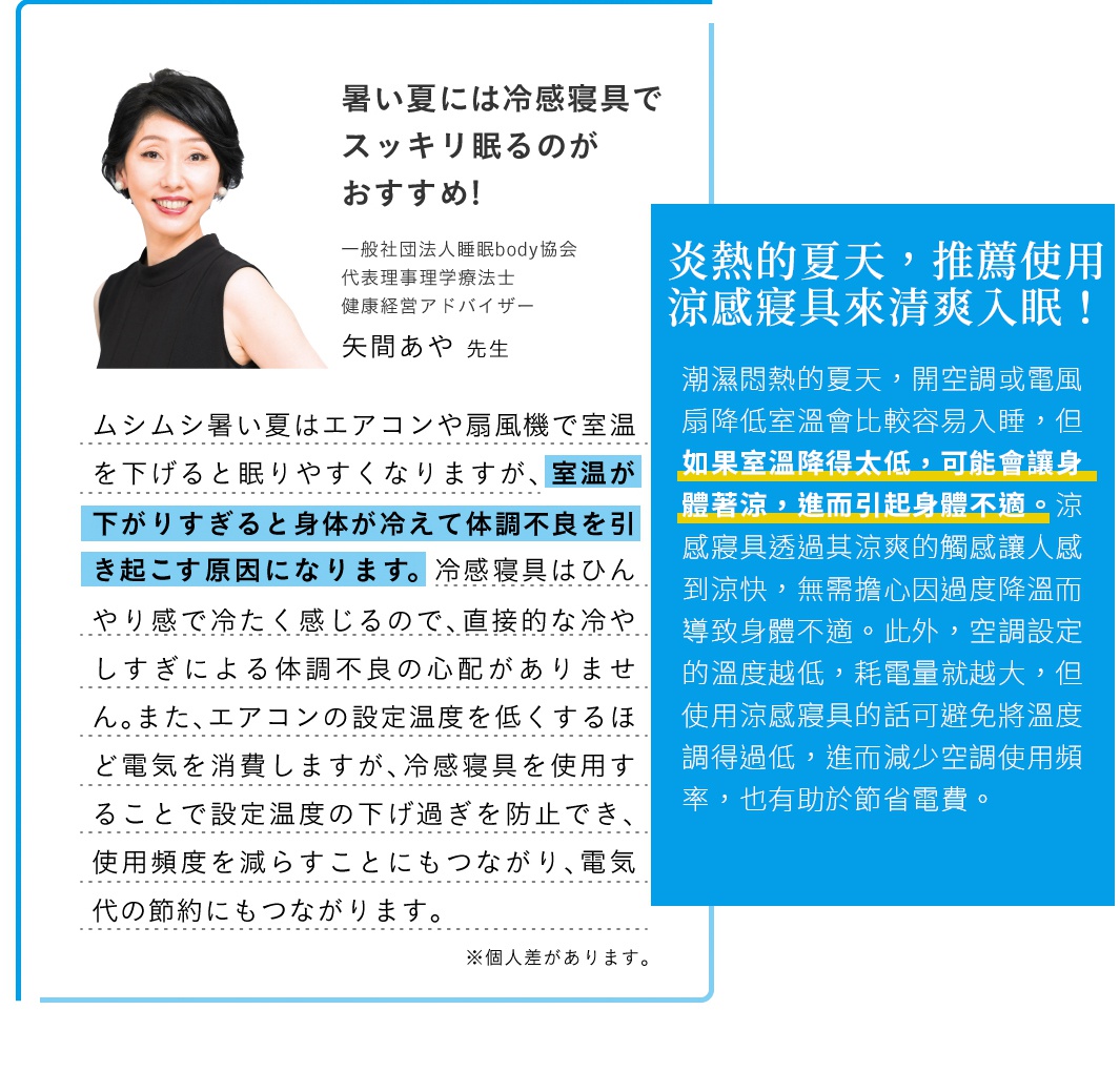 潮濕悶熱的夏天，開空調或電風扇降低室溫會比較容易入睡，但如果室溫降得太低，可能會讓身體著涼，進而引起身體不適。涼感寢具透過其涼爽的觸感讓人感到涼快，無需擔心因過度降溫而導致身體不適。此外，空調設定的溫度越低，耗電量就越大，但使用涼感寢具的話可避免將溫度調得過低，進而減少空調使用頻率，也有助於節省電費。 炎熱的夏天，推薦使用涼感寢具來清爽入眠！