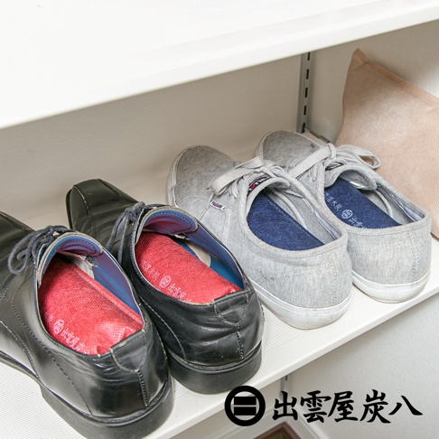 黑色皮鞋和灰色帆布鞋內各放置紅色調濕木炭包，鞋子擺放在白色層架上。