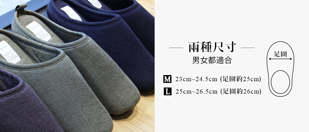 MOKU棉麻室內拖鞋，展示灰色和海軍藍兩種顏色，採用棉麻材質，鞋面有MOKU LINEN的白色標籤，並附有尺寸說明。