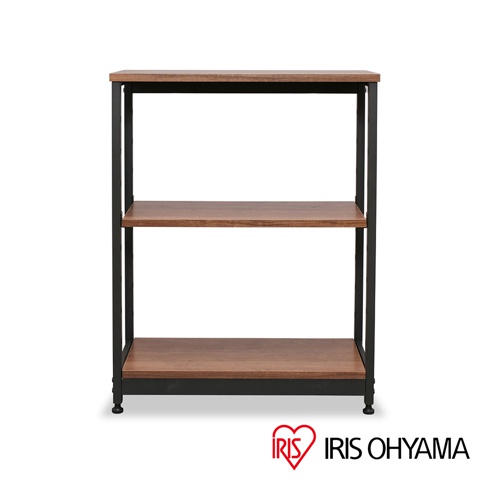 鐵木層架，三層寬型設計，採用深棕色木紋層板與黑色金屬框架，風格簡約實用。
