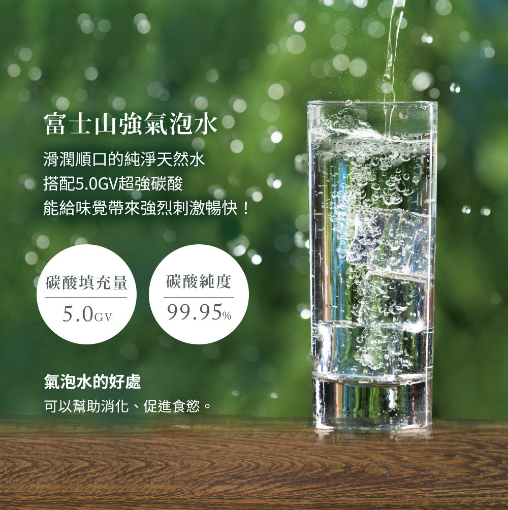 玻璃杯中充滿清澈的富士山強氣泡礦泉水，水中含有大量氣泡，杯內有冰塊，背景為模糊的綠色植物，畫面下方有產品資訊。