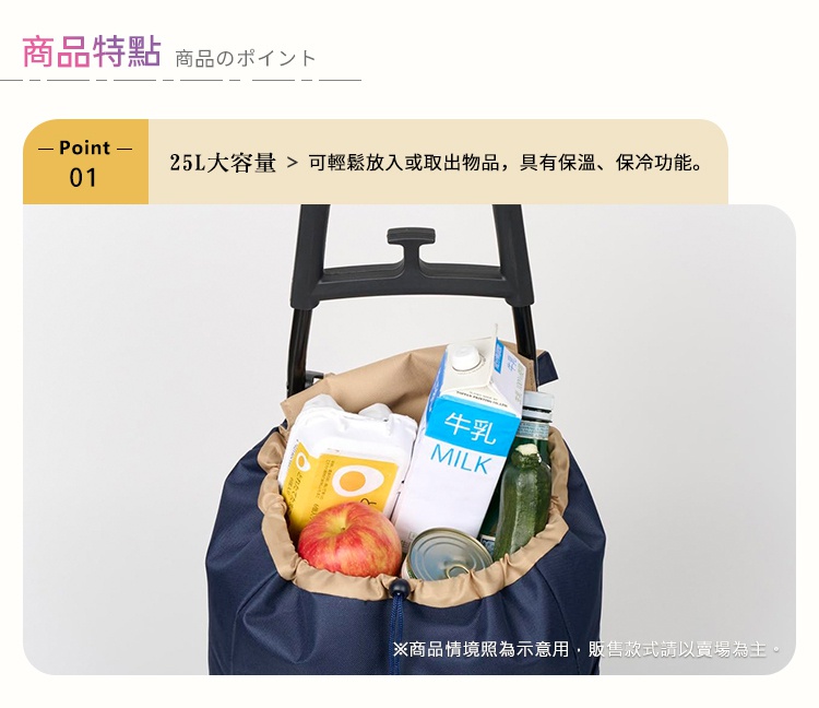 圖片文字：商品特點，商品的ポイント，Point 01，25L大容量，可輕易放入或取出物品，具有保溫、保冷功能，商品情境照為示意用，販售款式請以賣場為主。