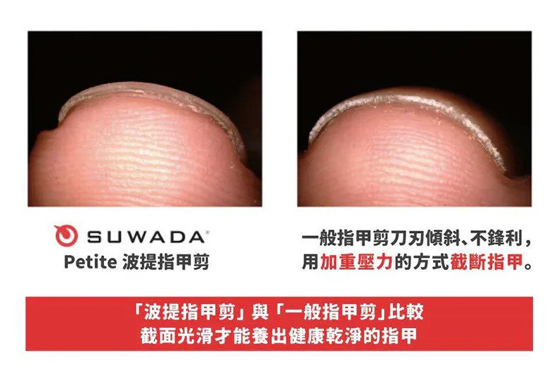 圖片文字：SUWADA Petite波提指甲剪，一般指甲剪刀刃傾斜、不鋒利，用加重壓力的方式截斷指甲。波提指甲剪與一般指甲剪比較，截面光滑才能養出健康乾淨的指甲。