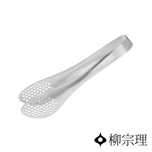 一對銀色不鏽鋼服務夾，夾端帶有多個圓形孔洞，用於瀝水或防滑。