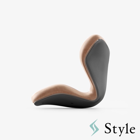 一款流線型設計的 Style 品牌健康護脊椅墊，側面視角呈現深灰色外殼與米棕色柔軟坐墊的雙色搭配，造型符合人體工學曲線，右下角配有品牌名稱與其代表性的 S 型流線商標。