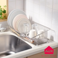 不鏽鋼製長形瀝水籃，內有堆疊的白色、淺粉色和灰色盤子，以及兩個透明玻璃杯和兩個白色馬克杯，置於廚房水槽上方，籃架底部有排水孔。