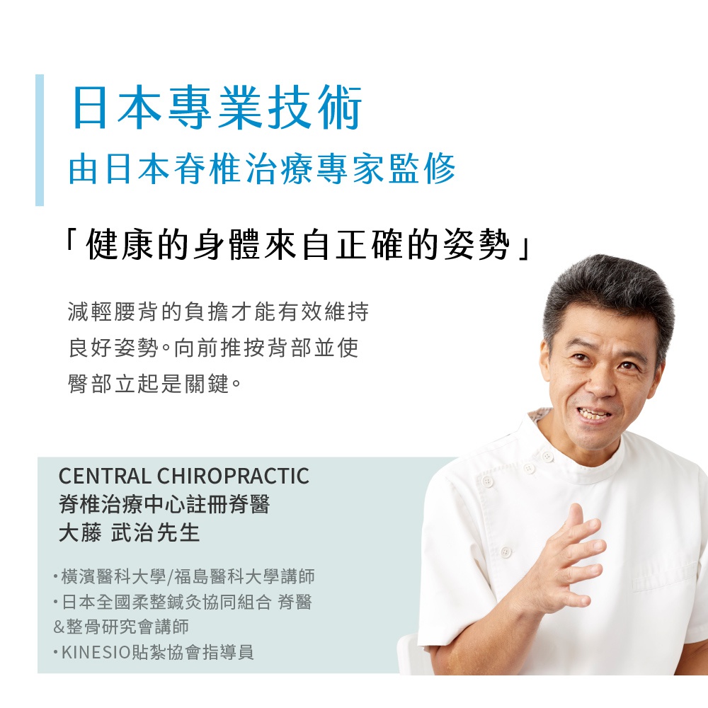 身穿白色醫師服的中年男性，右手食指朝向前方，面帶微笑。背景有日文文字介紹日本專業技術，以及「健康的身體來自正確的姿勢」等標語。