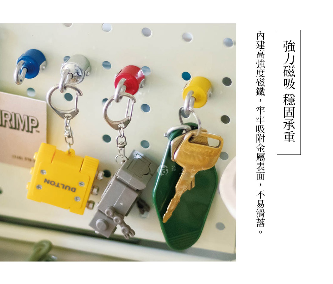 圖片內有數個不同顏色的強力磁吸掛勾，分別吸附在淺色的牆面上，掛勾上吊掛著鑰匙圈，其中兩個鑰匙圈分別掛著黃色和灰色的迷你機器人造型小物，以及一串金色的鑰匙，文字內容為：強力磁吸，穩固承重，內建高強度磁鐵，牢牢吸附金屬表面，不易滑落。