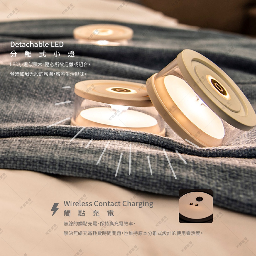 松本素白 LASMO 蠟燭燈，圓形設計，白色底座，透明圓柱形外殼，內含暖黃色 LED 燈光，放在灰色織物上，營造溫馨氣氛。