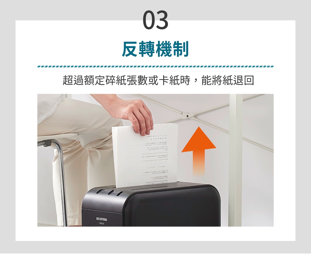 黑色超靜音極細保密碎紙機 P6HCS，頂部有兩個進紙槽，左側進紙槽中有一疊白色紙張，右側有橙色反向箭頭指示。