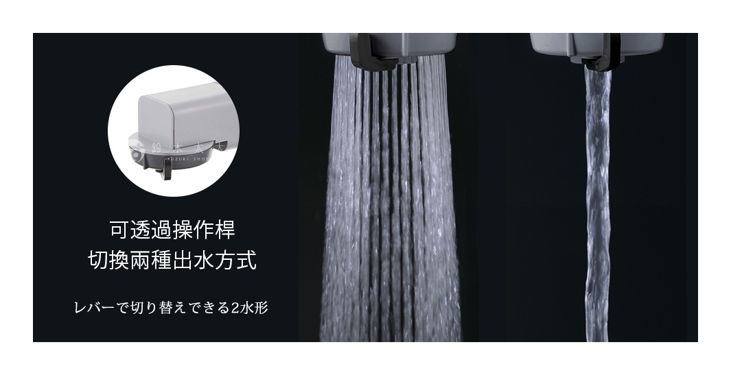 這款水龍頭分支蓮蓬頭為淺灰色，設有可操作的撥桿，可切換兩種出水模式：分散式水柱和集束式水柱。