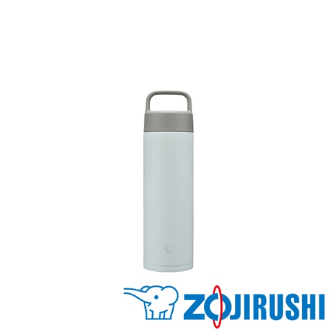 0.6L不鏽鋼真空吊環保溫保冷杯，淺藍色杯身搭配灰色瓶蓋及吊環，杯身印有品牌象形圖標。