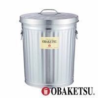 OBAKETSU 手工製垃圾桶，銀色金屬材質，附有提把和蓋子，標籤顯示 Made in Japan。