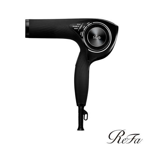ReFa BEAUTECH DRYER PRO 智能吹風機 PRO，黑色機身，流線型設計，機身上有風力、溫度模式和ReFa標誌。