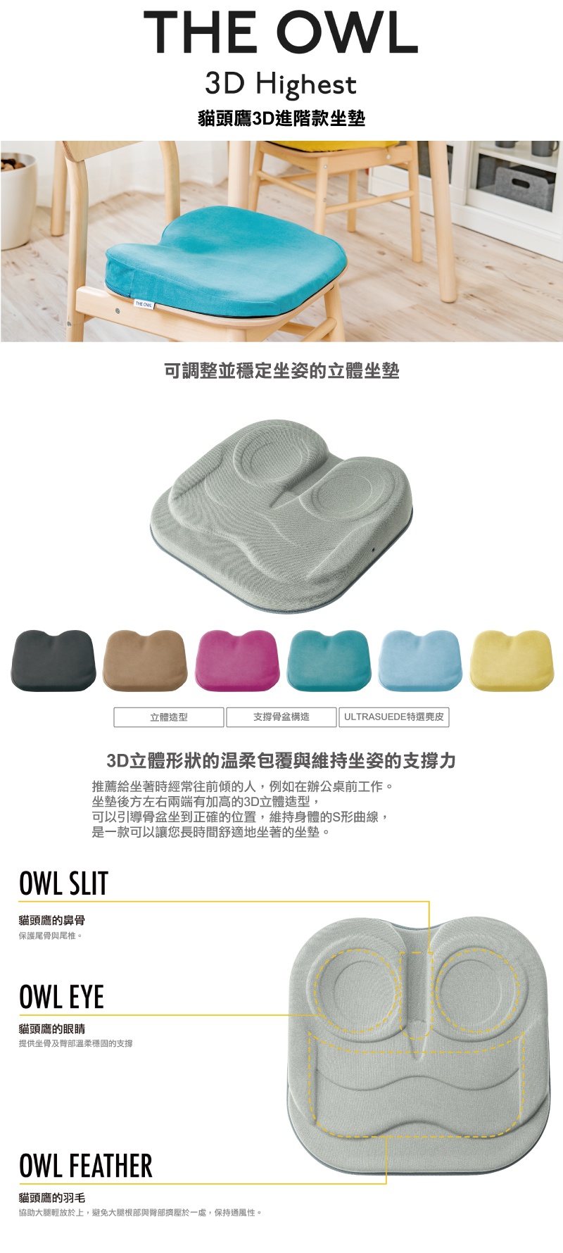 THE OWL 3D Highest 貓頭鷹 3D 進階款坐墊，共有六色可選，包含灰色、卡其色、粉色、藍色、淺藍色和黃色。坐墊採用立體造型、支撐骨盆結構，材質為 ULTRASUEDETM 特選麂皮，設計靈感來自貓頭鷹的眼睛與羽毛。