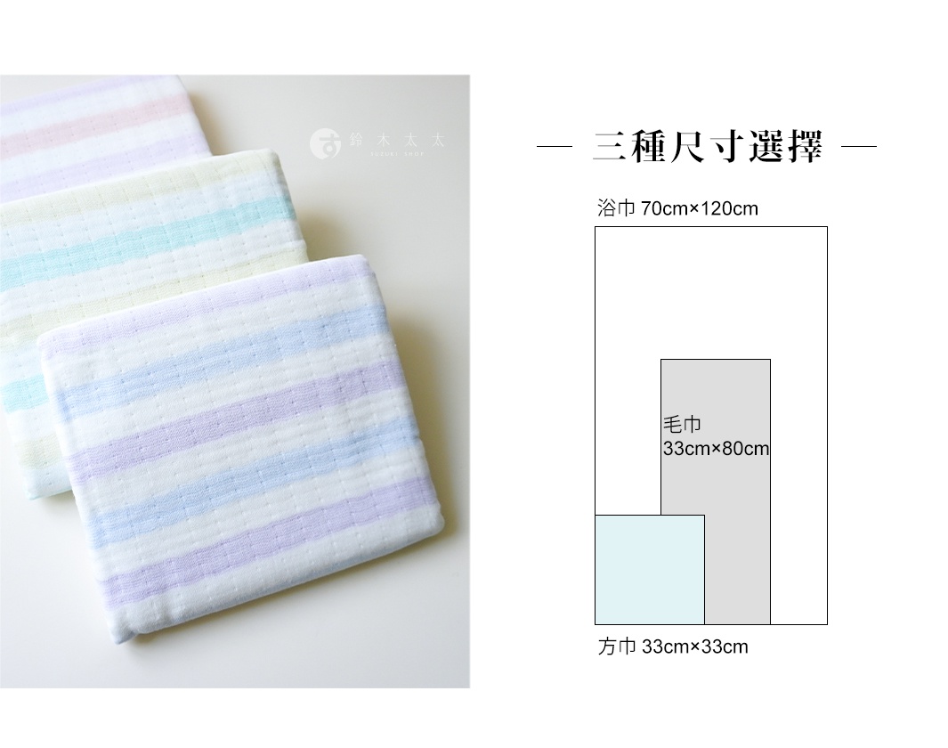 圖片展示了三條折疊整齊的條紋紗布巾，分別呈現淺紫色、淺藍色與淺黃色調。右側附有一張尺寸說明圖，標示出三種規格選擇：大尺寸的浴巾為七十乘一百二十公分，中尺寸的毛巾為三十三乘八十公分，以及小尺寸的方巾為三十三乘三十三公分。