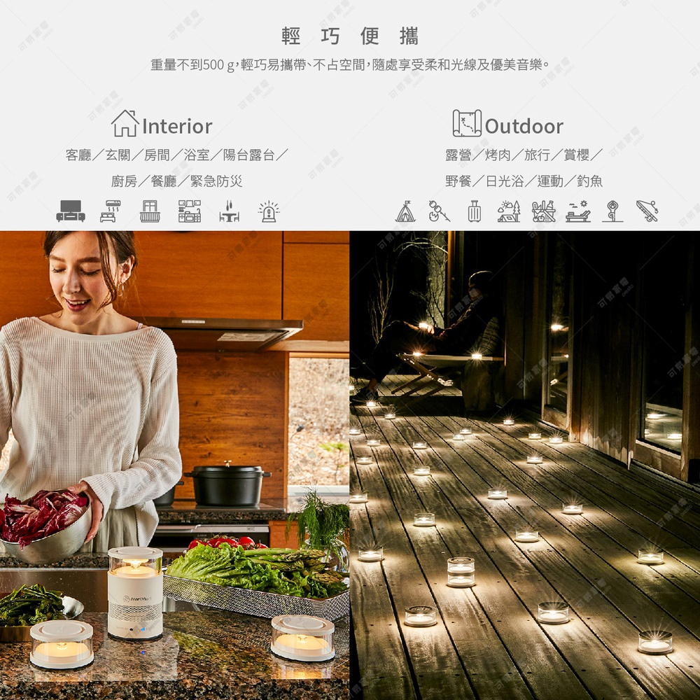 LASMO 燭光氣氛音響（松本素白），白色圓柱形主體，頂部有燈光，底部有網狀孔。圖片左側展示在廚房檯面上，搭配蔬菜水果；右側展示於戶外木質地板上，營造溫馨氣氛。