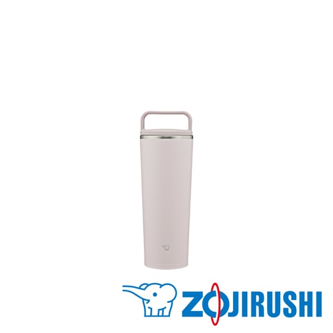 粉色不鏽鋼隨行杯，頂部有一體式杯蓋及隨行把手，杯身上印有品牌標誌。