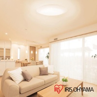 客廳天花板上安裝一盞圓盤狀的 LED 吸頂燈，燈具散發柔和暖白光，照亮寬敞明亮的空間。