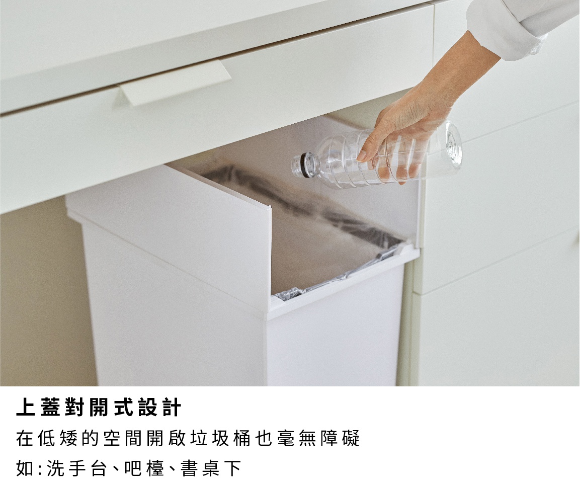 SOLOW 20L 踩踏對開分類垃圾桶，白色，塑膠材質，內部有垃圾袋。一只手正將塑膠瓶投入垃圾桶。